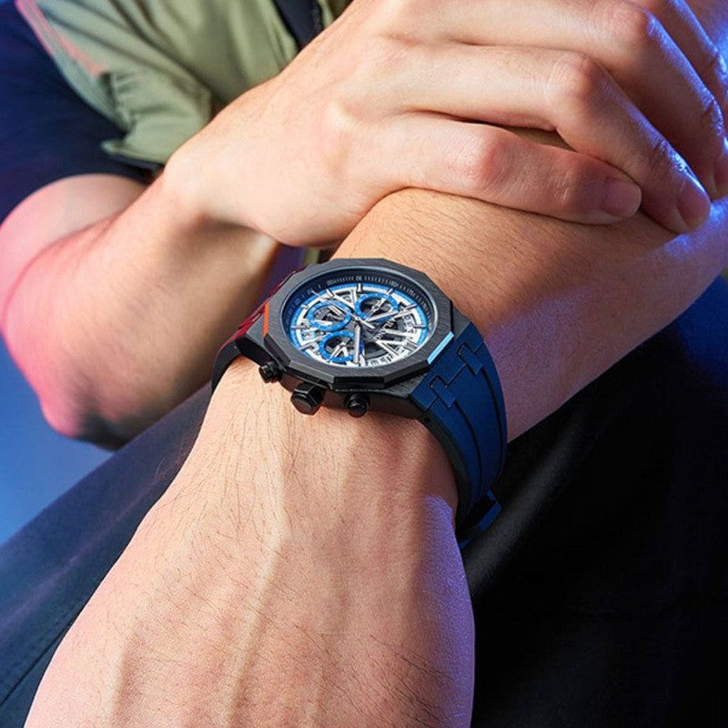 AILANG 8087 SKELETON CHRONOGRAPH QUARTZ TOUT NOIR (CADRAN BLEU)