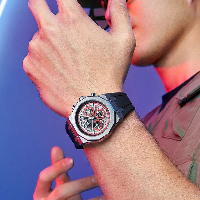 AILANG 8087 SKELETON CHRONOGRAPH QUARTZ BRACELET NOIR (CADRAN ROUGE)