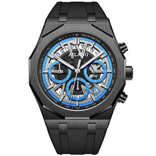 AILANG 8087 SKELETON CHRONOGRAPH QUARTZ TOUT NOIR (CADRAN BLEU)